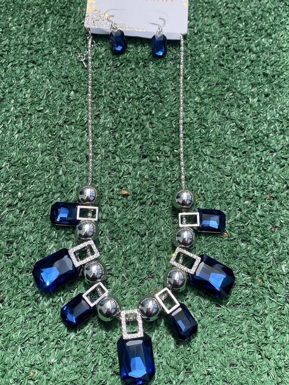 Elegant Navy Blue Statement Necklace and Earring Set